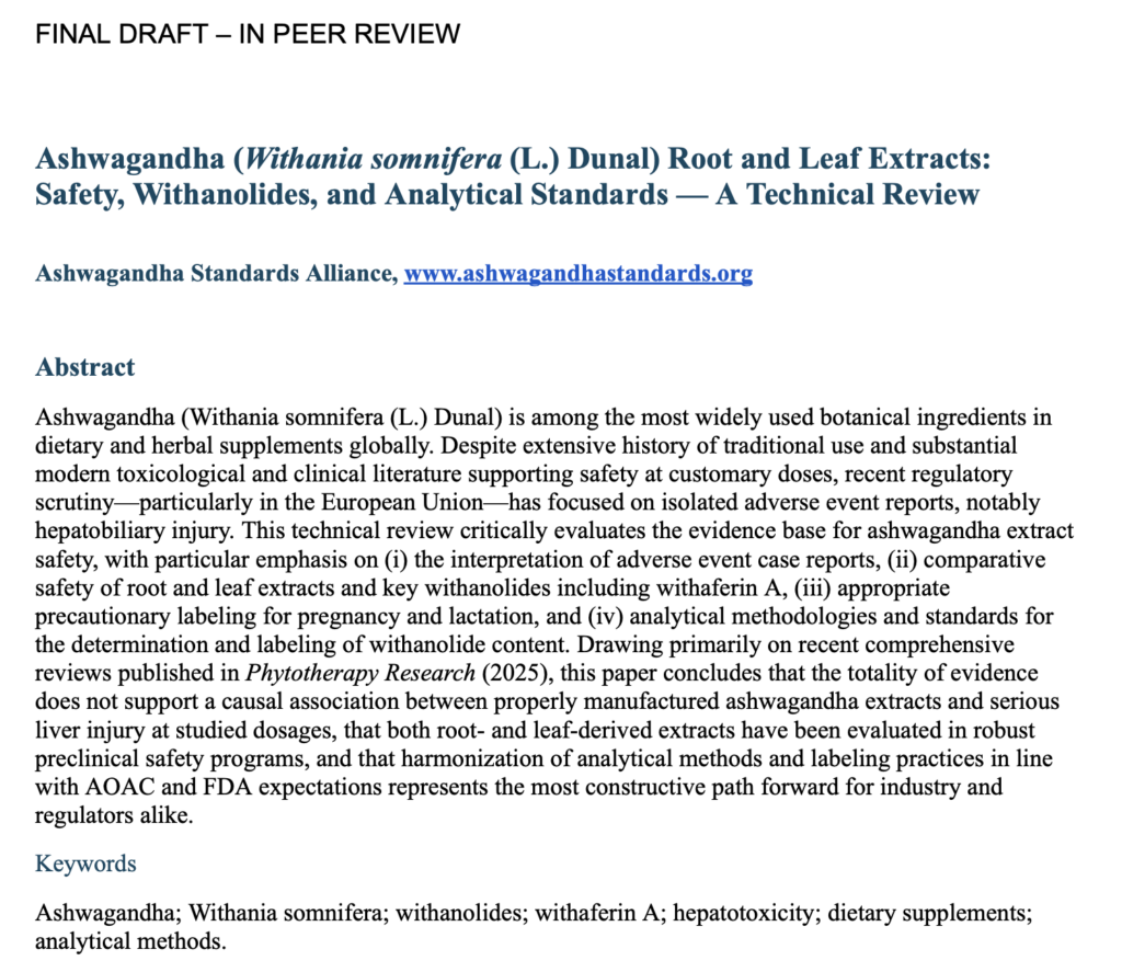 Technical Review Paper Drafted on Ashwagandha Safety, Withanolides and Analytical Standards