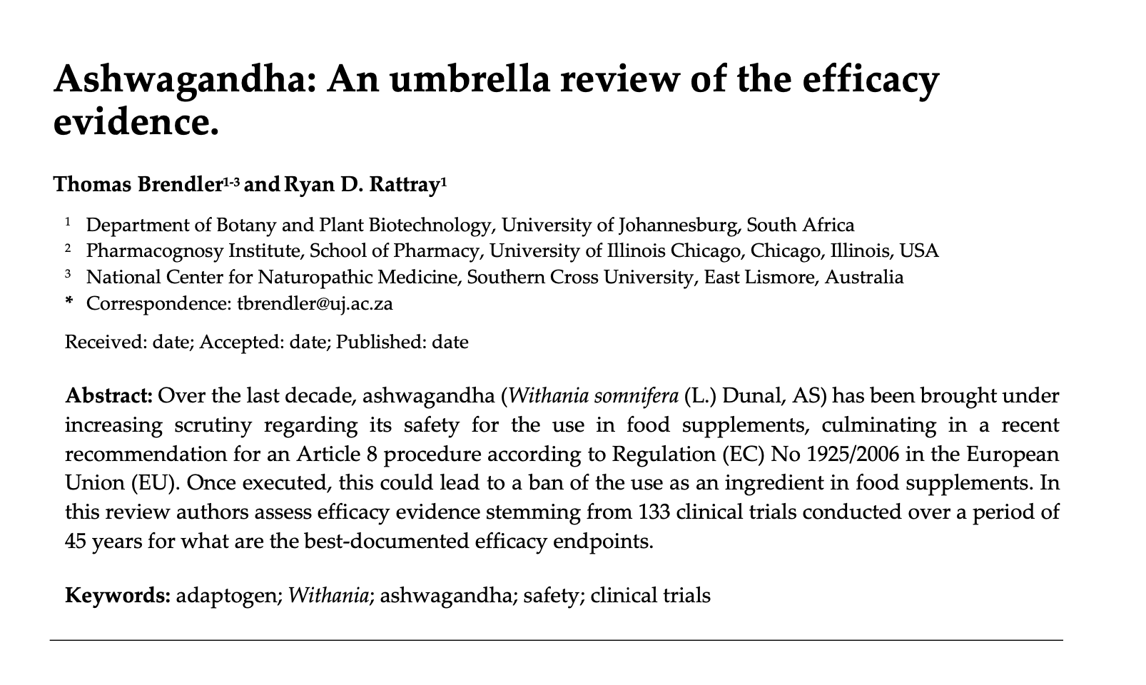 Review of Ashwagandha: An umbrella review of the efficacy evidence
