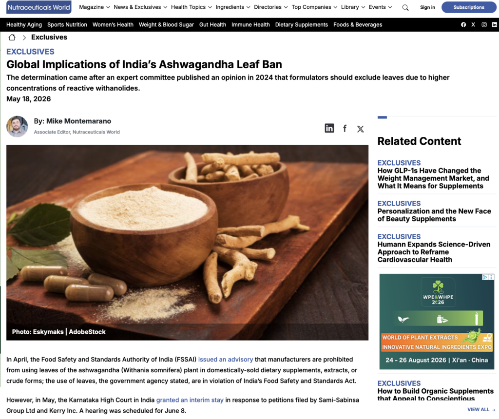 ASA Member Commentary on May 18 Article in Nutraceuticals World