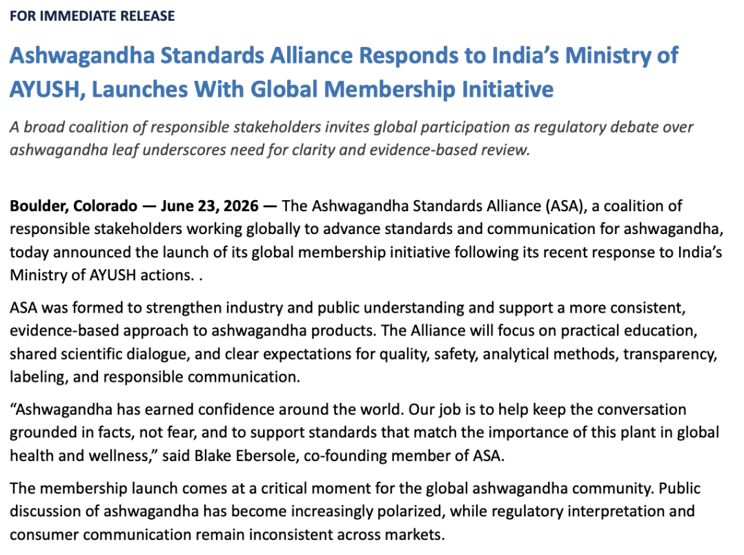 Ashwagandha Standards Alliance Responds to India’s Ministry of AYUSH, Launches With Global Membership Initiative 